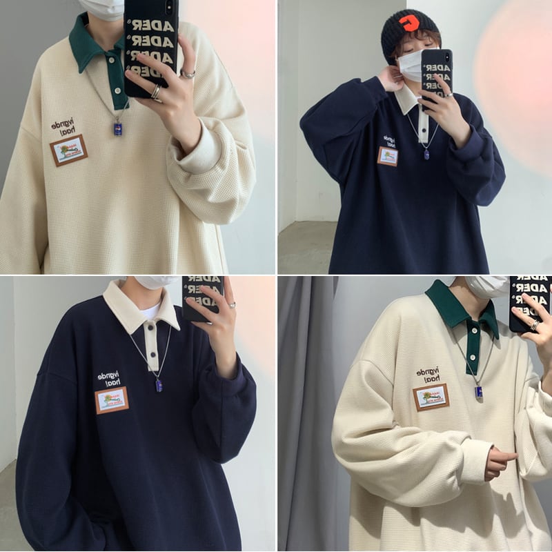 [GANGZAI Series] ★Tops★ 2color Unisex Men's POLO Neck Spring Clothes Beige Navy S M L XL