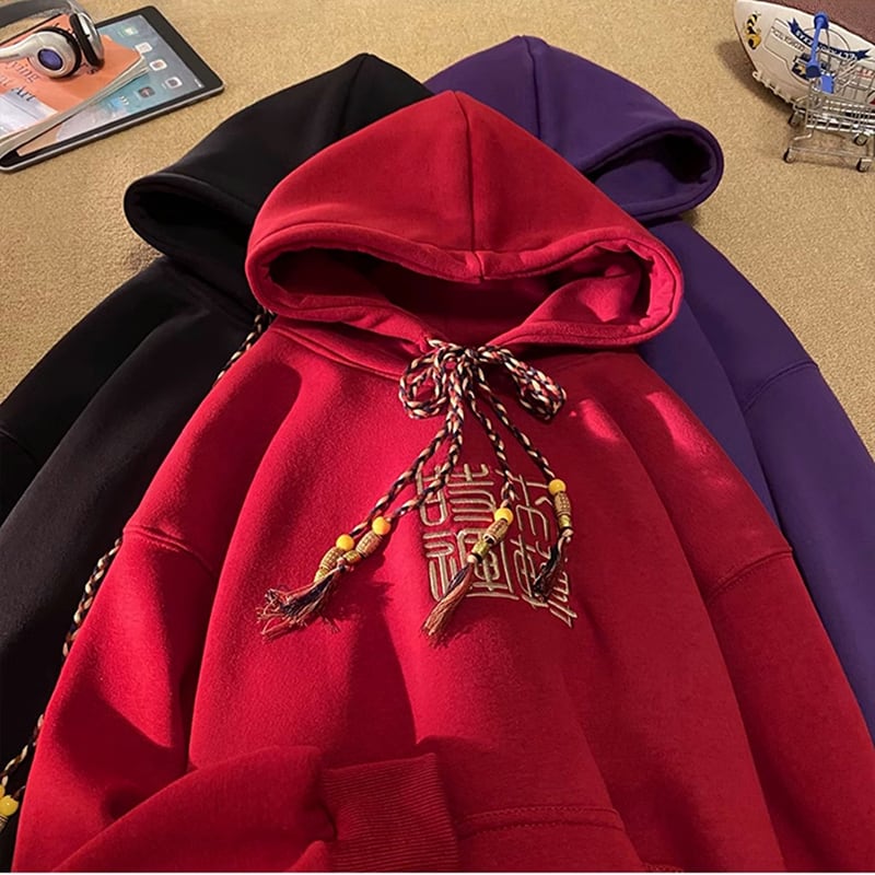 [GEBOXUAN series] ★China style hoodie★ 4color brushed lining, letter pattern, kanji pattern, unisex, men's, black, red, purple