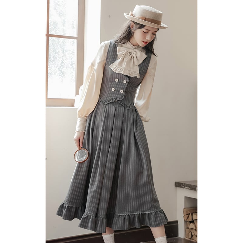 [Minami no Mori Series] ★Skirt★ Bottoms Improves temperament Cute Gray Gray SML XL Vertical stripes Ladies