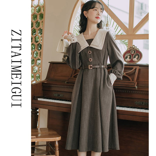 [ZITAIMEIGUI series] ★Dress★ 2color Retro Gray Black Long length Cute Easy to match Improves your temperament