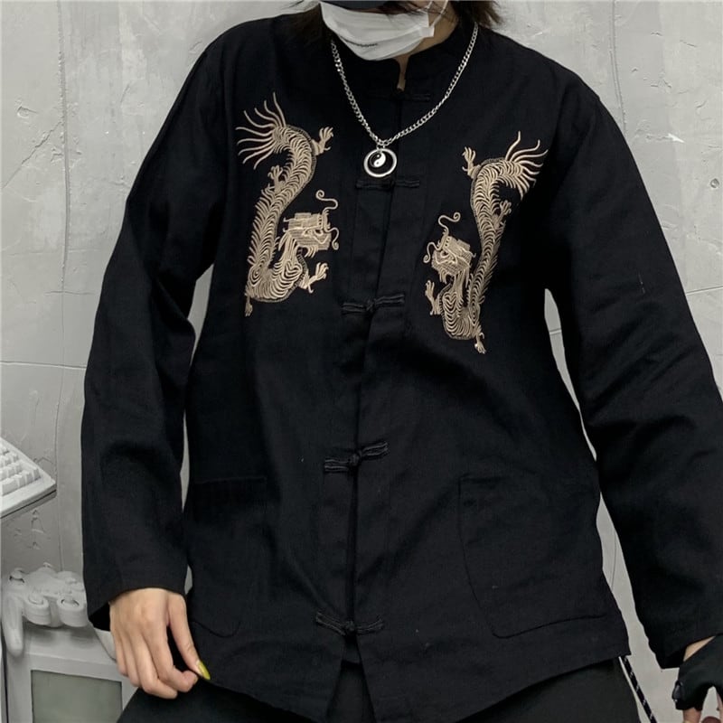 Chinese-style tops, outerwear, shirts, Chinese-style clothing, dragon, improved Tang costume, unisex, dragon pattern, Chinese clothing, Harajuku style, couple clothing, stand-up collar, long sleeves, black, red