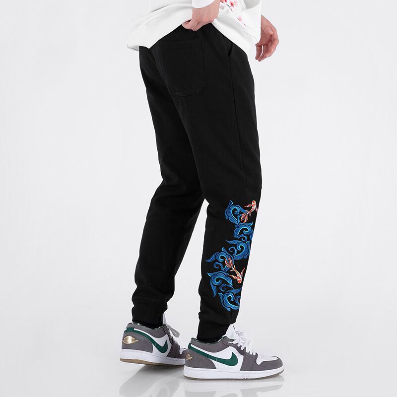 [Machiha clan series]★China style pants★Bottoms Embroidery Wave Goldfish Alphabet Black Black Large size