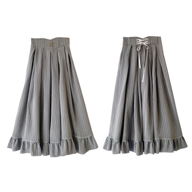 [Minami no Mori Series] ★Skirt★ Bottoms Improves temperament Cute Gray Gray SML XL Vertical stripes Ladies