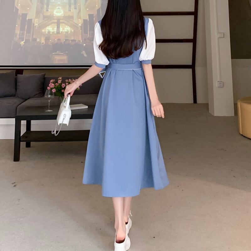 [Kodokuya Series] ★Dress★ Large size Color scheme Chiffon Ladies fashion Blue Blue Improves temperament