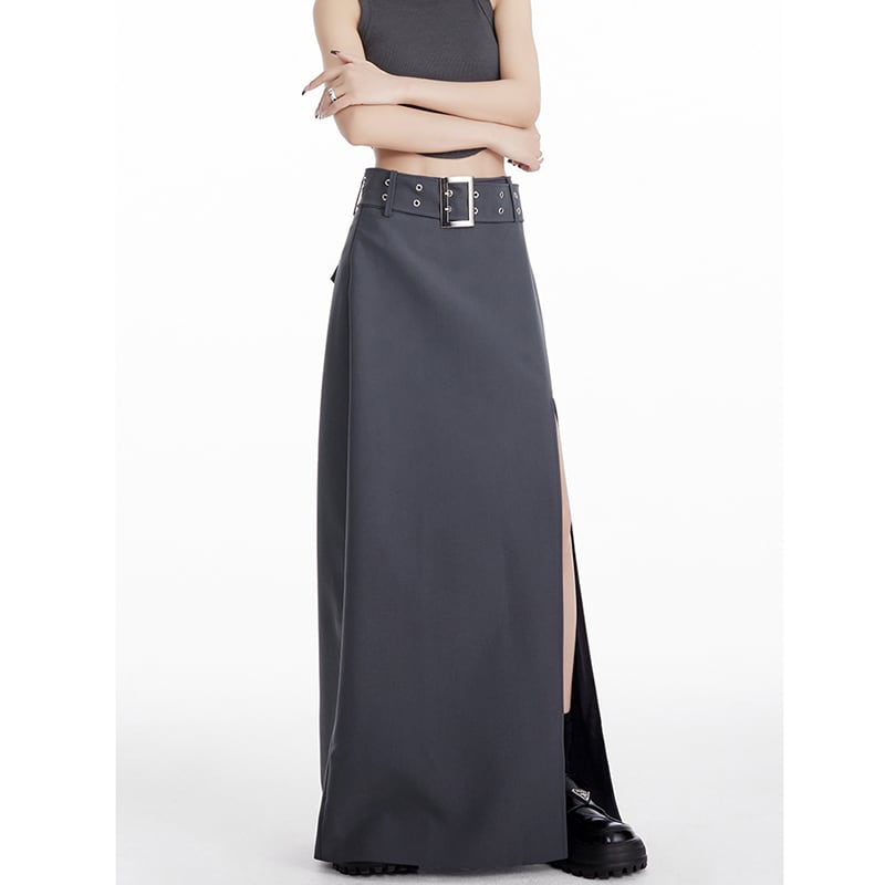 [EDX Series]★Skirt with belt★ 2color bottoms long skirt black gray high-looking slit fashionable