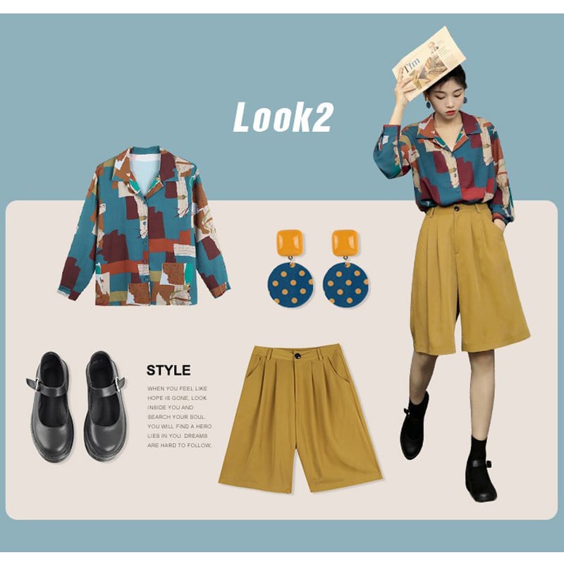 [YOUZI Series]★Retro Shirt★ Long Sleeve Shirt Tops Print Retro SML XL Thin Cute Color Scheme