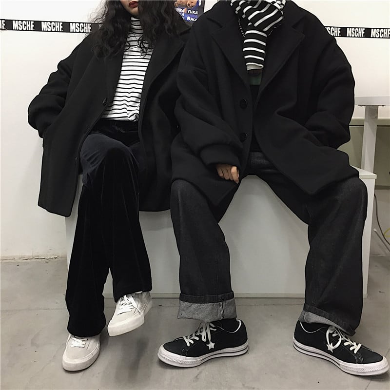 [Miyakoya Series] ★Trench coat★ Rasha Unisex Thick Warm Black Black ML Plain Simple Harajuku style Easy to match