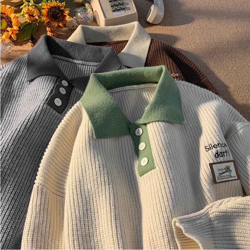 [BENGE Series]★Sweater★ 3color POLO neck tops Unisex Men's Color scheme Beige Gray Coffee color