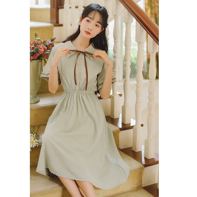 [Shukunsho series]★China style dress★2color embroidery long length short sleeve summer cute easy to match beige green