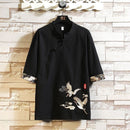 [Hanfan Series] ★China style tops★ 3 color T-shirt Crane pattern 3/4 sleeves Black White Gray Large size