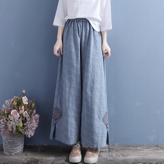 [Qing Series]★China style trousers★ 4 colors casual pants slit embroidery blue white brown black