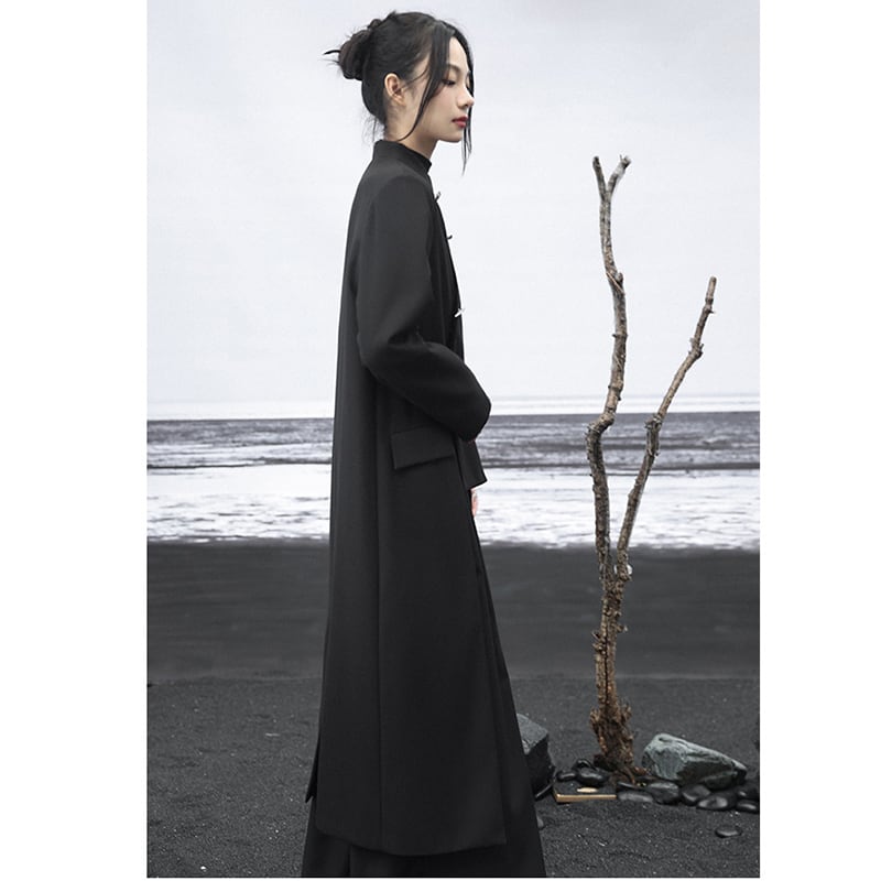 [Big Blue Dragon Series] ★China style outerwear★ Long length Kanji pattern embroidery irregular bamboo black black original