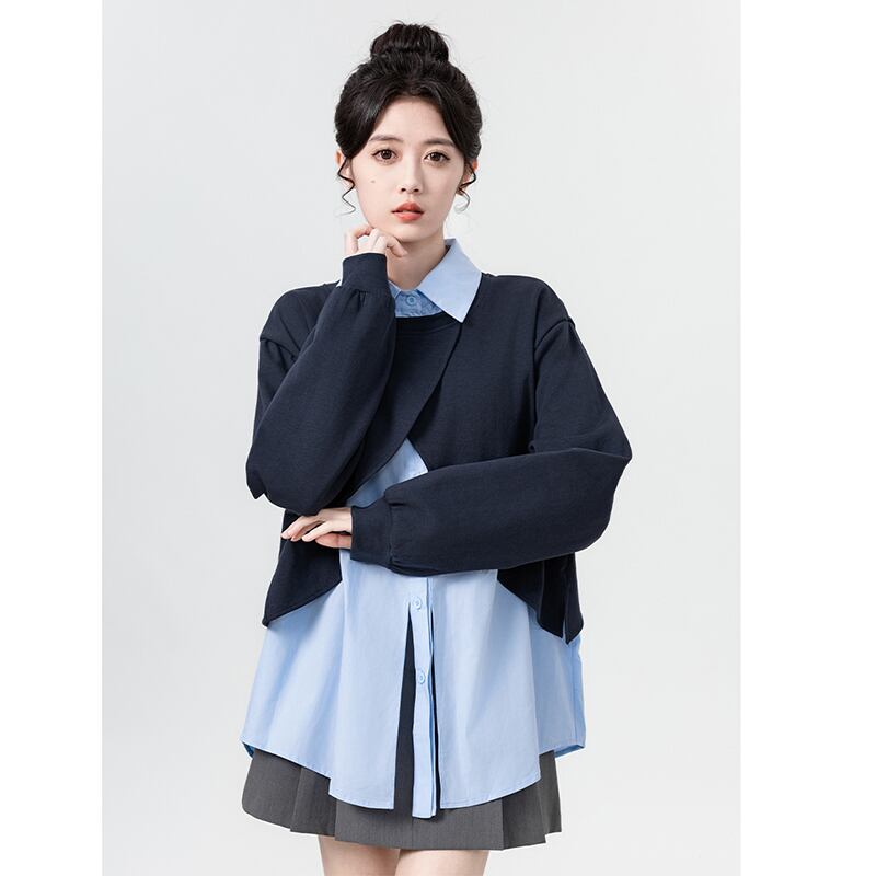 [WEIWU Series]★Tops★ Faux layered POLO neck color scheme fashion loose blue blue