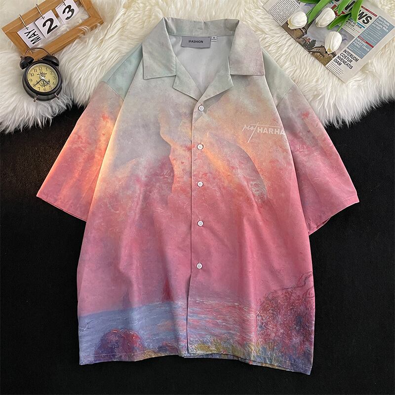 [TUOFEI Series]★Shirt★ Tops Unisex Men's Gradient V-neck Short Sleeve Shirt Summer Clothes