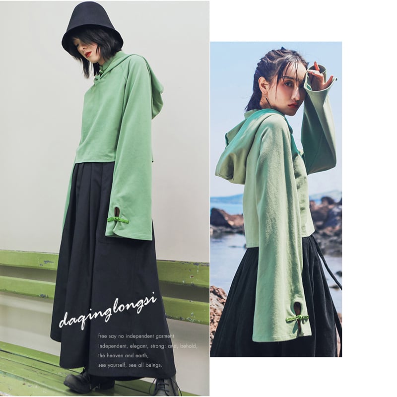 [Daiseiryusu Series]★China style hoodie★ Tops 2 colors, short length, Chinese buttons, hooded, green black