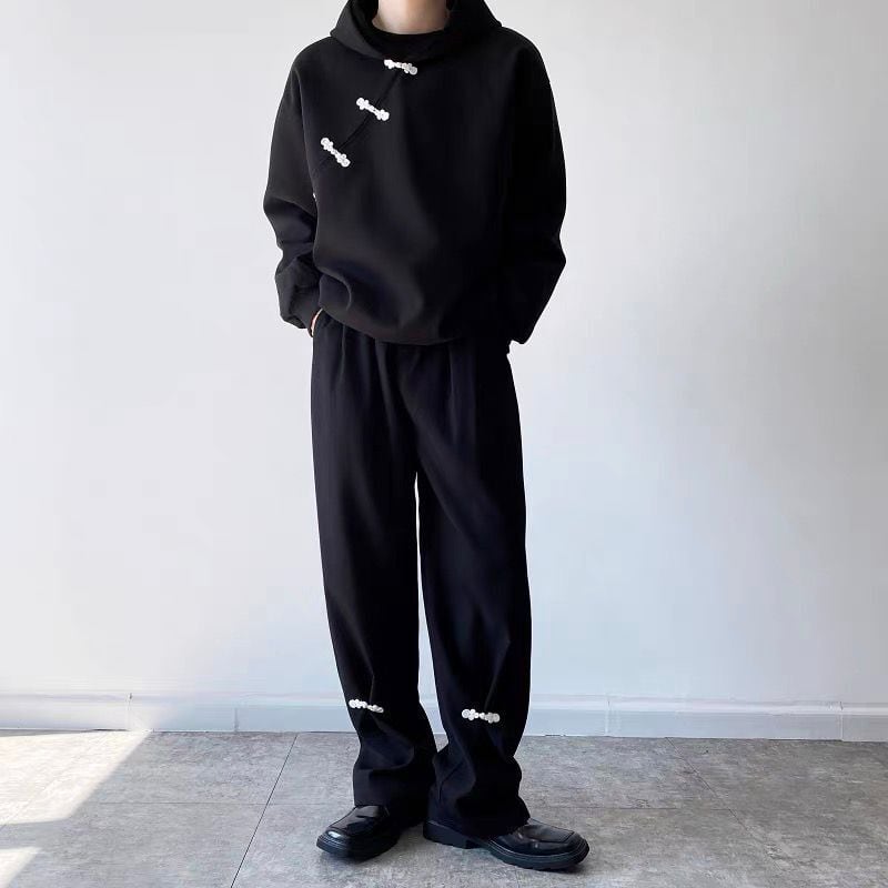 [Illustrated series]★China style pants★Bottoms China button black black unisex men's casual pants