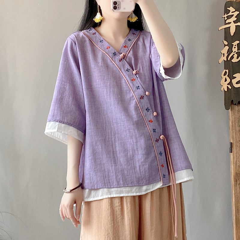 [Happiness series] ★China style shirt★ 5color embroidery tops ethnic style V neck retro green white purple yellow