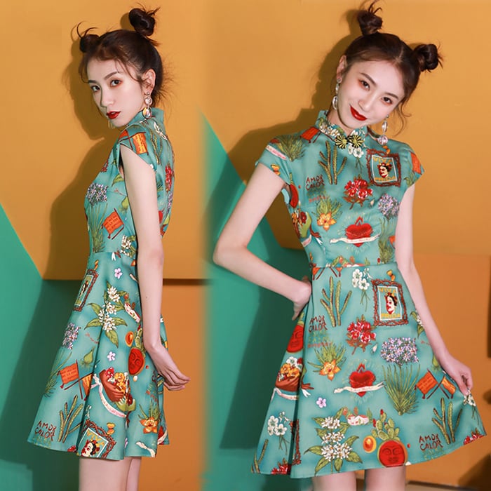 [Sumiyun Kokucho Series] ★Cheongsam dress★ China-style dress, Chinese-style clothes, Chinese clothes, mini length, cute, slimming