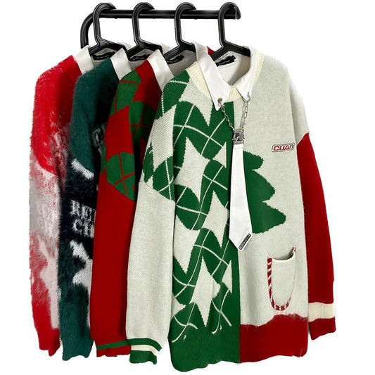 [GUOCHAO Series] ★Sweater★ 2color Tops Christmas New Year Diamond Shape Unisex Men's Red Green