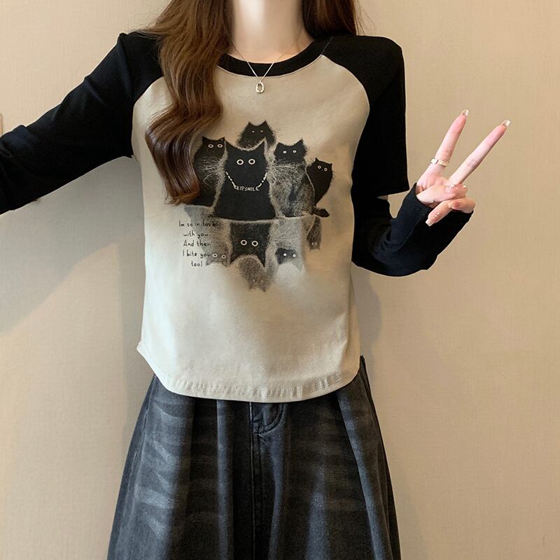 [XIMILU Series]★T-shirt★ 3color Tops Long Sleeve Cat Cat Cat Slimming Slim Black White Brown