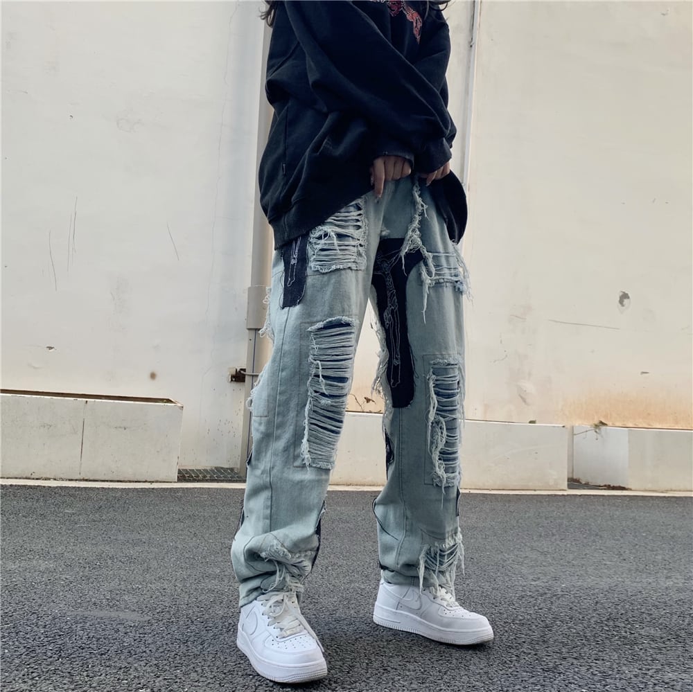 [OOTDstudio Series]★Denim Pants★ Bottoms Unisex Men's Large Size Distressed Fashion