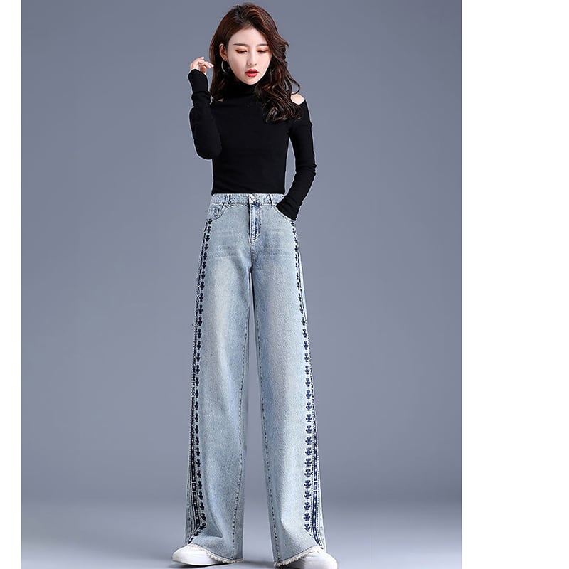 [REHUOJIALI Series] ★Denim Pants★ Embroidery Bottoms Trousers Women's Blue Blue Large Size