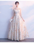 Load image into Gallery viewer, Party Dress, One Piece, Long Dress, After-Party, Wedding, Concert, Elegant, Chinese Style, Stand Neck, 3/4 Sleeve, Long Length, Maxi Length, Large Size, SML, XL, 2XL, Champagne, Embroidered
