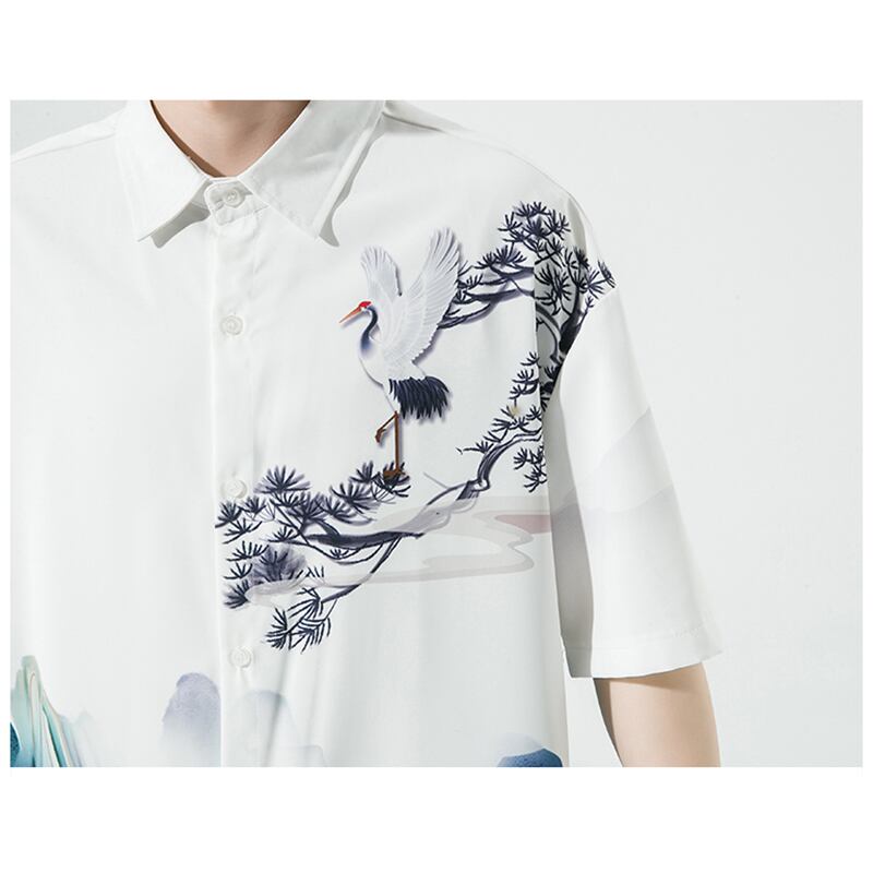 [MOWENZHAI Series] ★China Style Shirt★ Ink Pattern Crane Short Sleeve Shirt Tops Unisex Men's Large Size