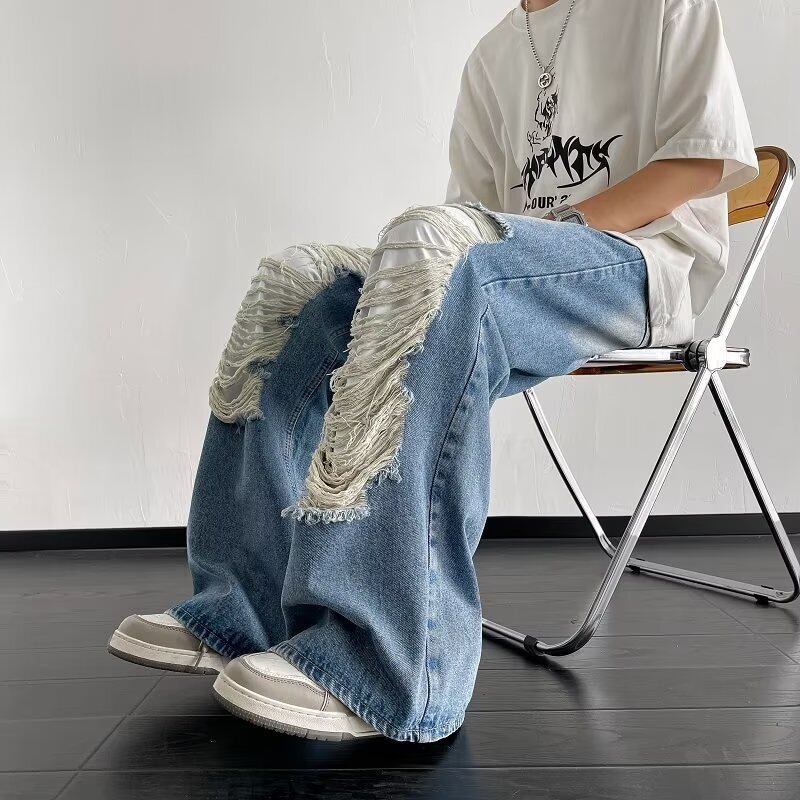 [Leonbinno Series]★Denim pants★ 2color bottoms pants unisex men's distressed fashion black blue