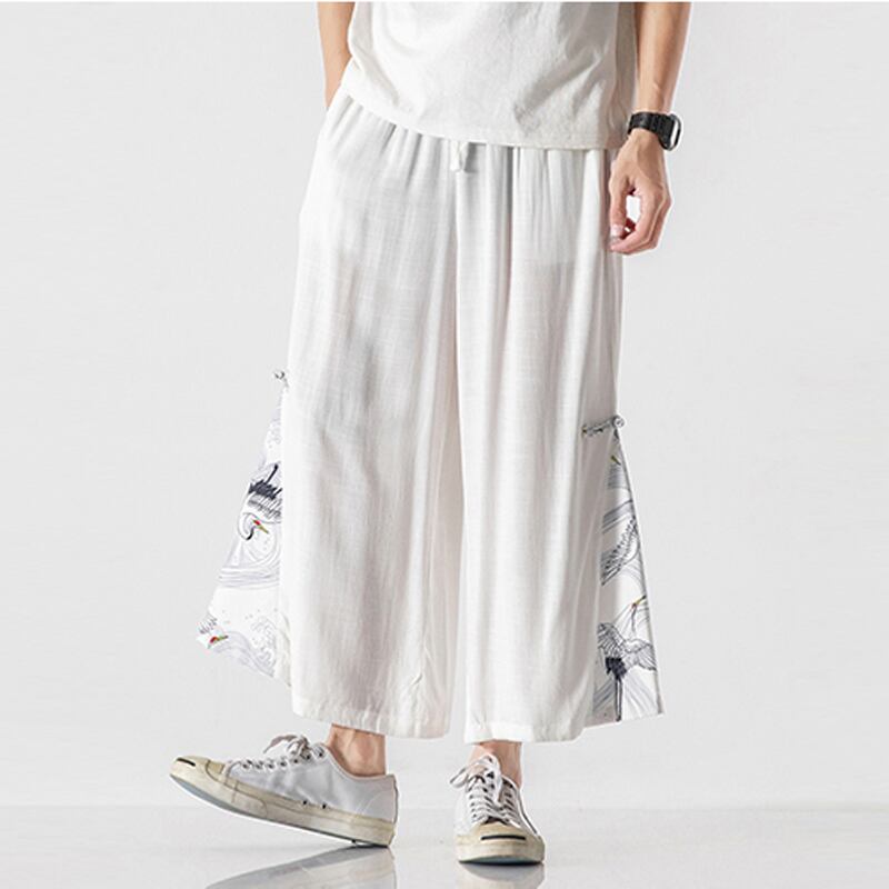 [Mowensai Series]★China style trousers★Men's 3color cotton crane print loose large size black white blue