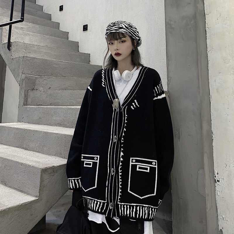 [Modern People Series]★Cardigan★ 2color Tops Sweater Outerwear Unique Black Black Harajuku Style