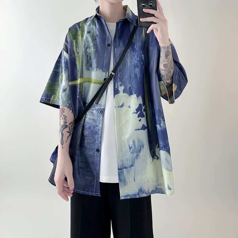 [NANSHI Series]★Shirt★ 3color Tops Unisex Men's Print Oil Painting Style Short Sleeve Shirt Blue Purple