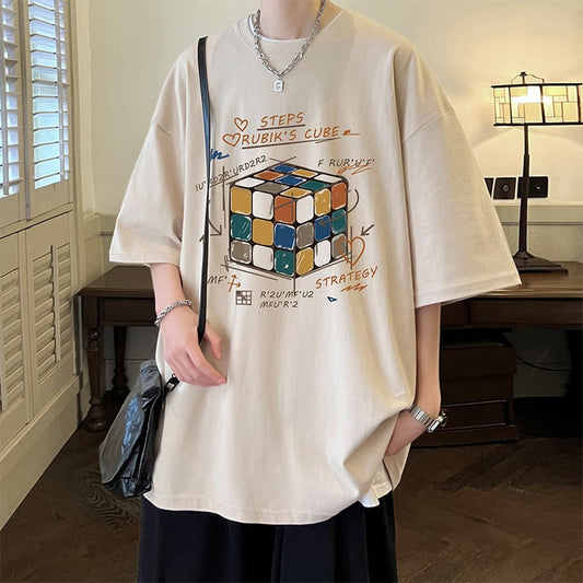 [V37 Series]★T-shirt★ Tops 7color Unisex Men's Large Size Rubik's Cube Pattern