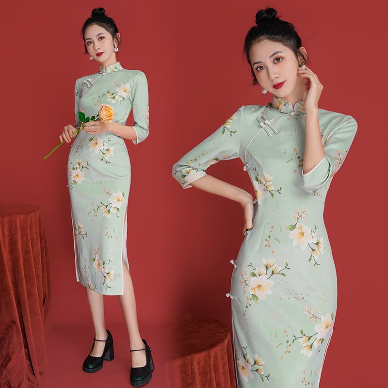 [Agoya Yui Series]★Cheongsam dress★ Floral pattern dress Green Fresh literary style Long length