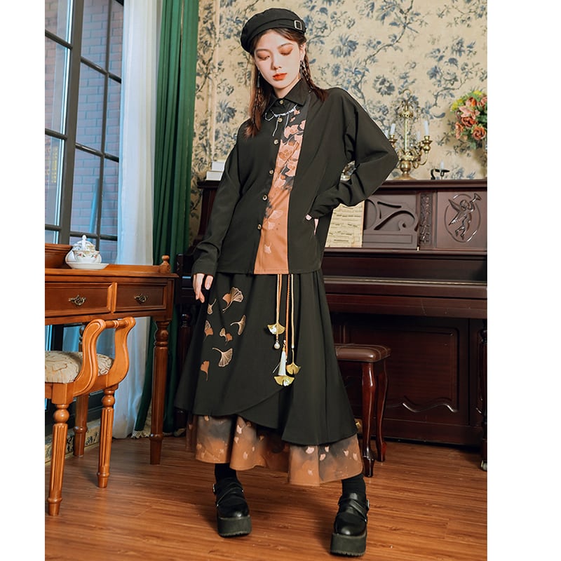 [Kokaisha --- Leaf Series] ★China style skirt★ Bottoms Switching Color scheme Floral print Black Black