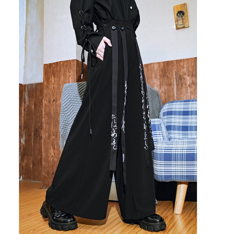 [Old Monster --- Preface Series] ★China style trousers★ Bottoms Spring/Autumn type Gaucho pants Text pattern Black Black