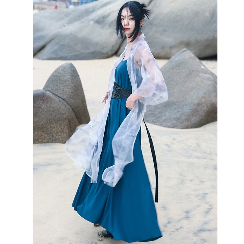 [Daiseiryusu Series] ★China style dress★ Hanging dress Plain Simple Long Length Original Blue Blue