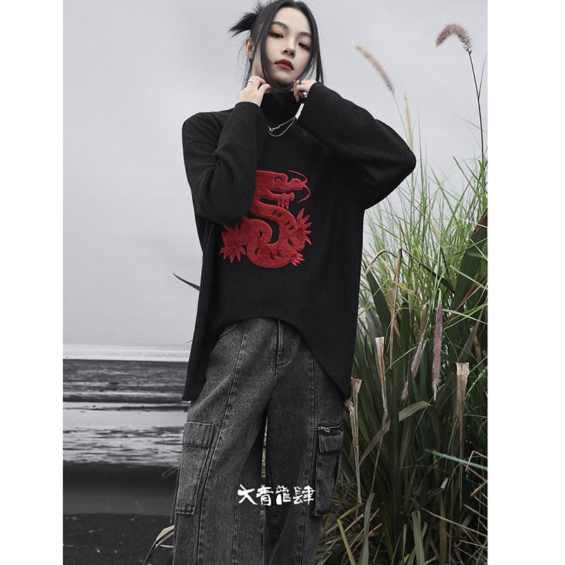 [Big Blue Dragon Series] ★Chinese style sweater★ Knit tops Dragon crest Chinese clothing Black Black Irregular