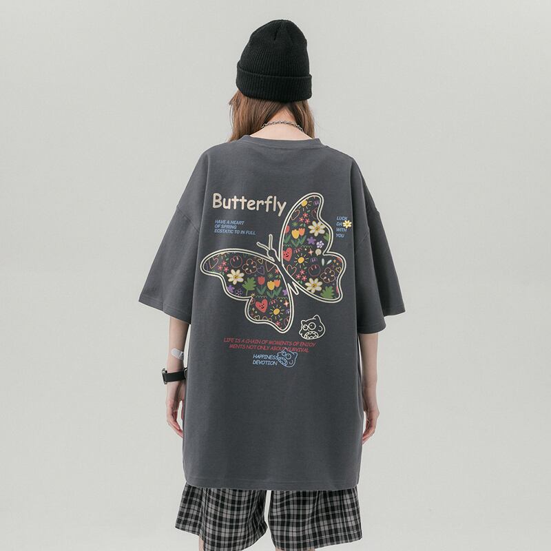 [Wrzb Series]★T-shirt★ Tops 5color Unisex Men's Butterfly Red Gray Black Blue Brown Easy to match