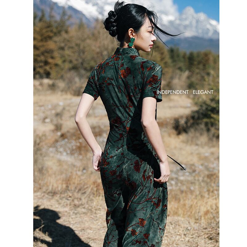 [Da Qinglong Shu Series]★China style dress★ Improved Chinese dress Sexy Velvet Long Length Original Photography Green Green Summer