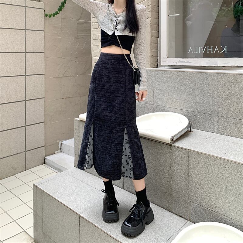 [Insufficient Moe Series]★Skirt★ Bottoms Switching Slimming Mermaid Skirt Black Black Large Size