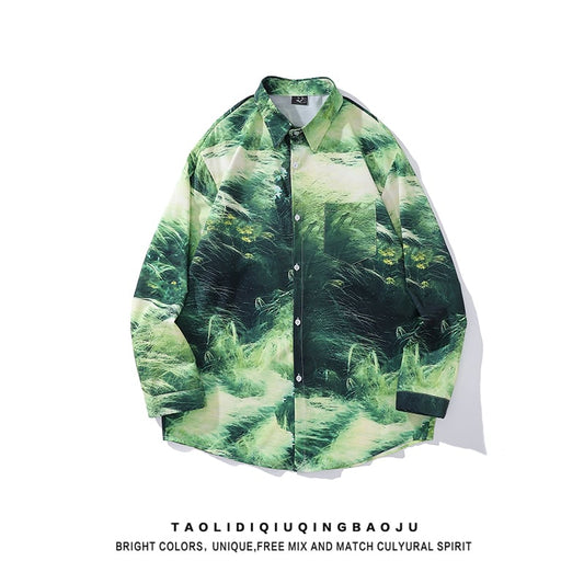 [Escaped Earth Series]★Shirt★ Long sleeve shirt tops oil painting style unisex men's ML XL 2XL Green Green