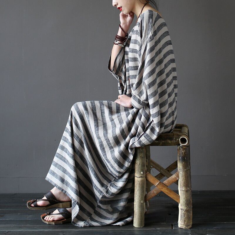 [LIANSHANG series] ★China style dress★ 3color loose body cover horizontal stripes striped pattern literary style