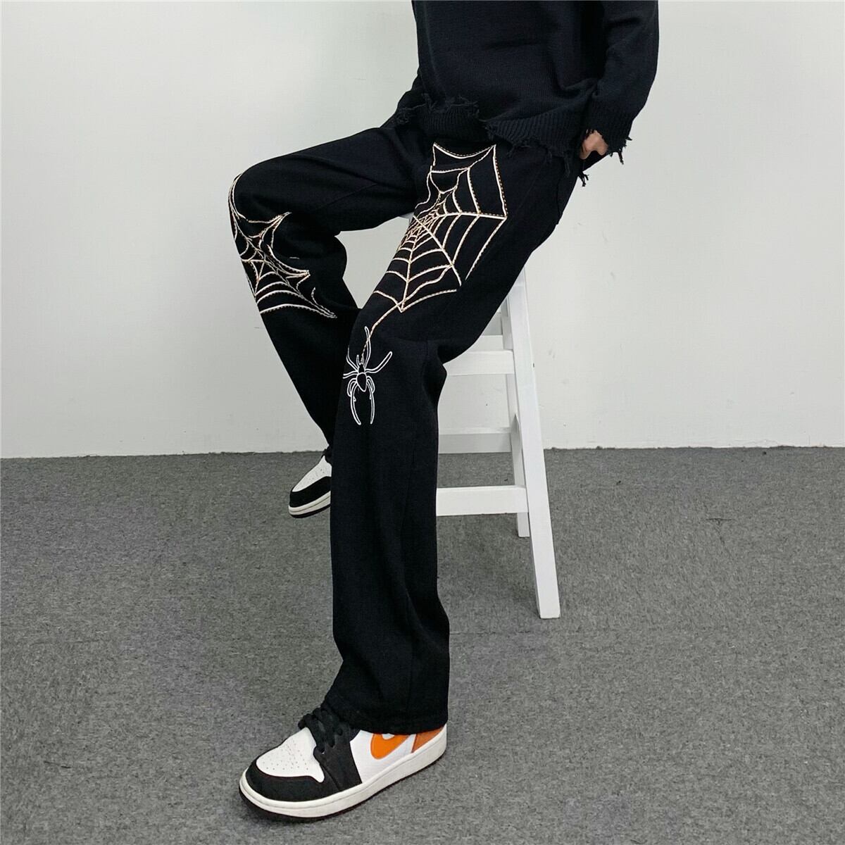 [MGJM Series]★Casual Pants★ Trousers Bottoms Denim Pants Unisex Men's Spider Black Black