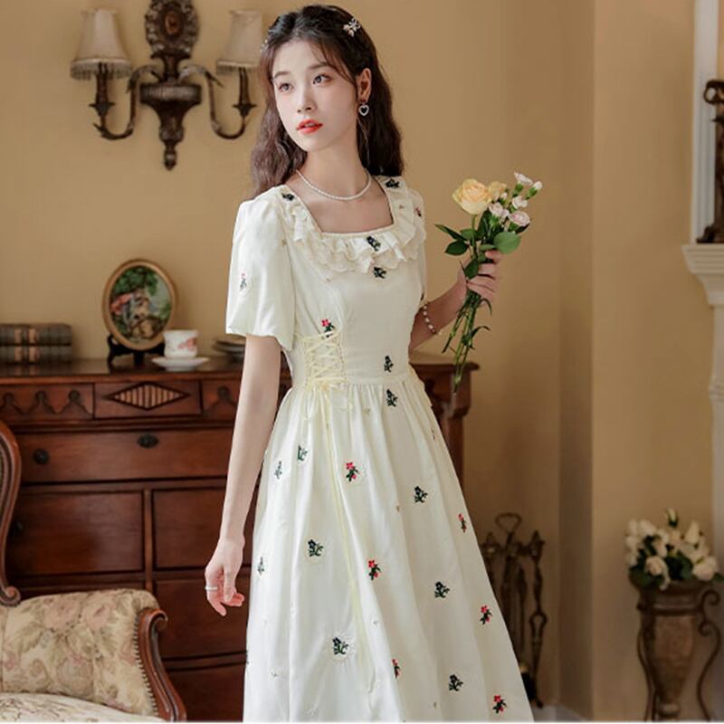 [Jinkyoku Series] ★One Piece★ Embroidered Dress, Short Sleeve, Cute, Ladies, Date, Designed, Improves Temperament, Stylish