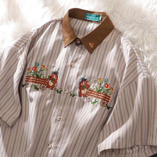 [Escaped Earth Series]★Shirt★ Tops Unisex Men's Embroidery Vertical Stripes Striped Pattern Color Scheme Bear Flower Retro Casual