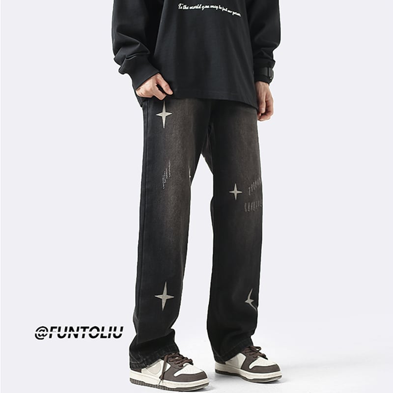 [OULUDE Series]★Denim Pants★ Bottoms Pants Unisex Men's Star Pattern Gray Black ML XL 2XL 3XL