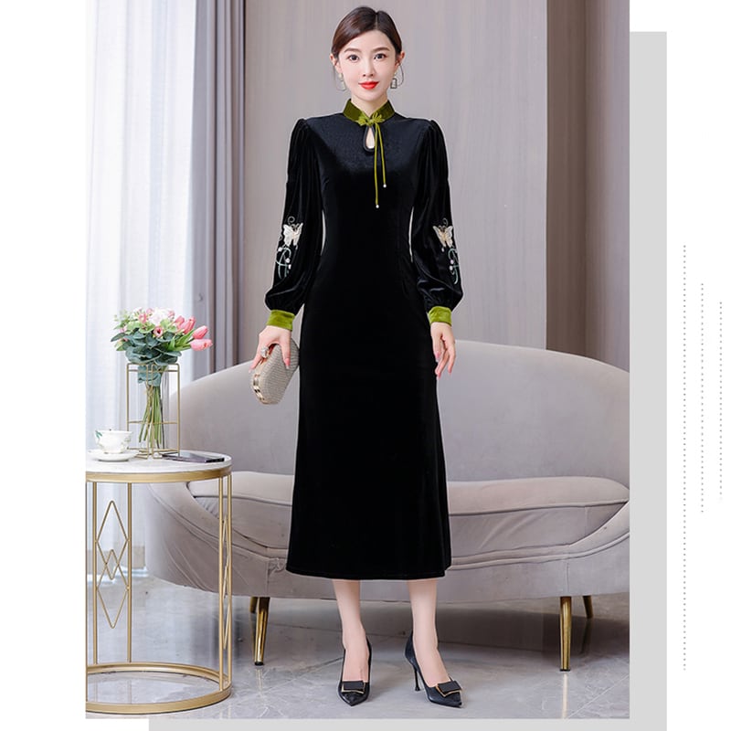 [Agoya Yui Series] ★Cheongsam dress★ Chinese style piece velvet black black long length