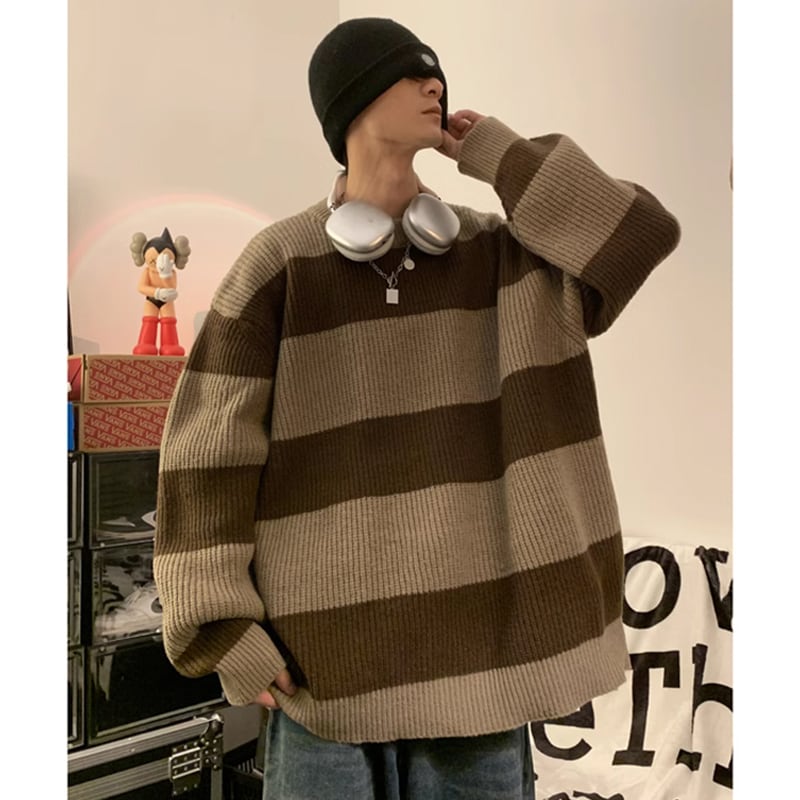 [PPG Series]★Sweater★ 2color knit tops, horizontal stripes, striped pattern, unisex, men's, casual, easy to match