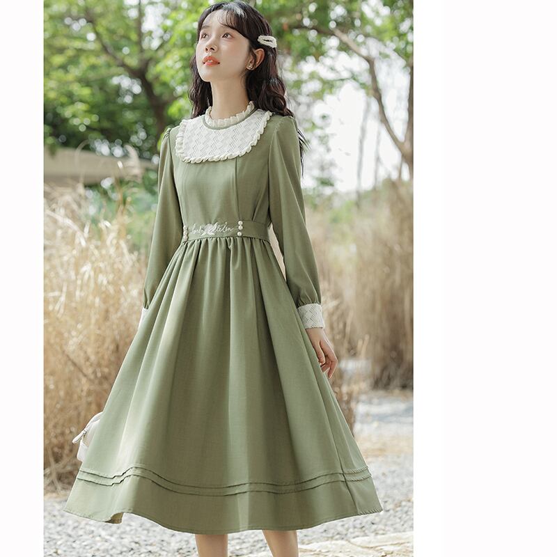 [Ali Series]★Chinese style dress★ Embroidery long sleeve dress Women's Switchable Easy to match Cute Green